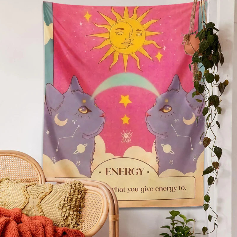 Afralia™ Tarot Constellation Cat Energy Wall Art Tapestry - Sun Moon Decor