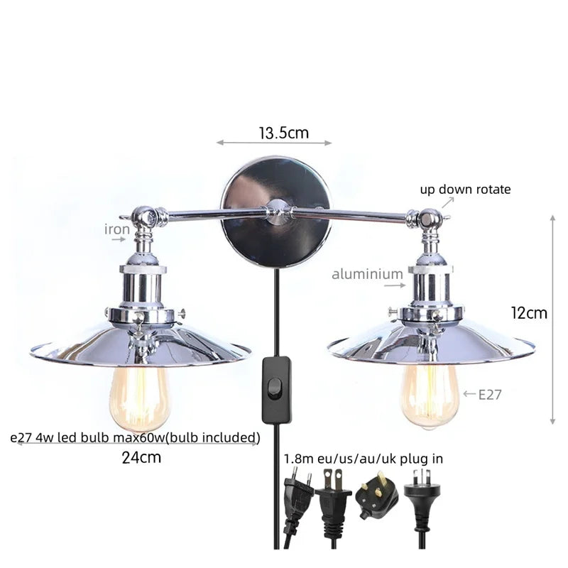 Afralia™ Industrial Retro LED Wall Lamp with Two Heads and Pull Chain Switch
