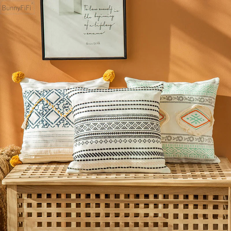 Boho Style Cotton Woven Pillow Cover with Tassels & Pompom - Afralia™