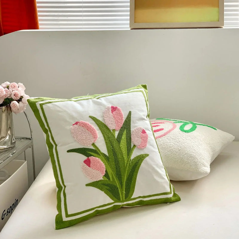 Afralia™ Pink Floral Embroidered Pillow Cases | Soft Flower Throw Cover for Living Room