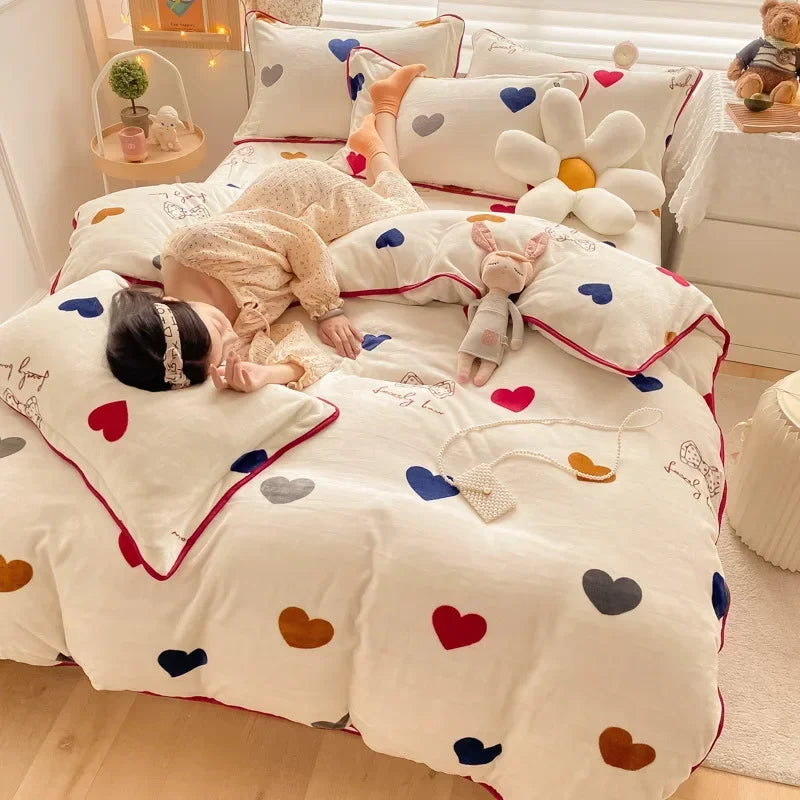 Afralia™ Polka Dot Milk Velvet Queen Bedding Set with Sheets & Pillowcases