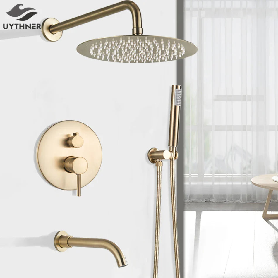 Afralia™ Gold Shower Faucet with Rainfall Head and Hand Sprayer - Wall Mount Mixer Set