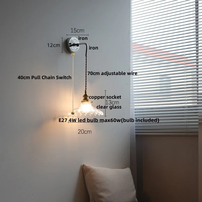 Afralia™ White Glass LED Wall Lights with Pull Chain Switch - Nordic Modern Bedside Lamp