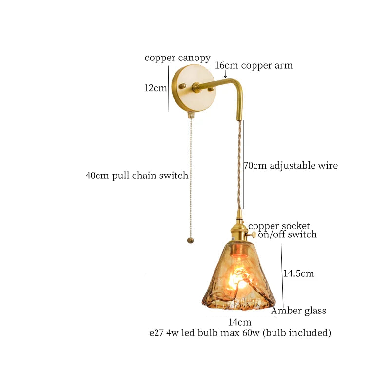 Afralia™ Amber Glass LED Wall Lamp for Bedroom Minimalistic Copper Lighting