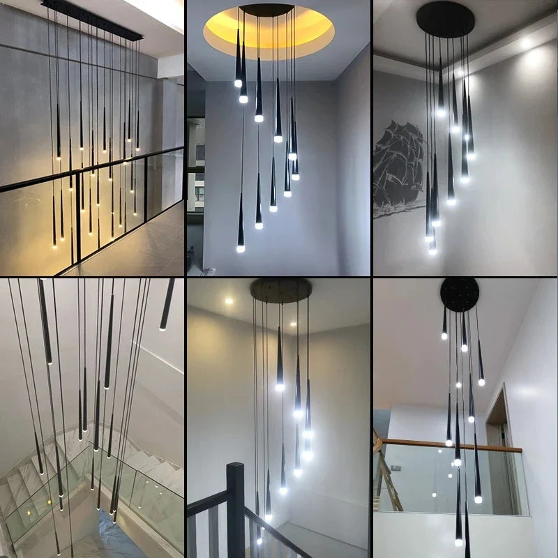 Afralia™ Modern Black LED Ceiling Chandelier for Stylish Staircase and Living Room Lighting