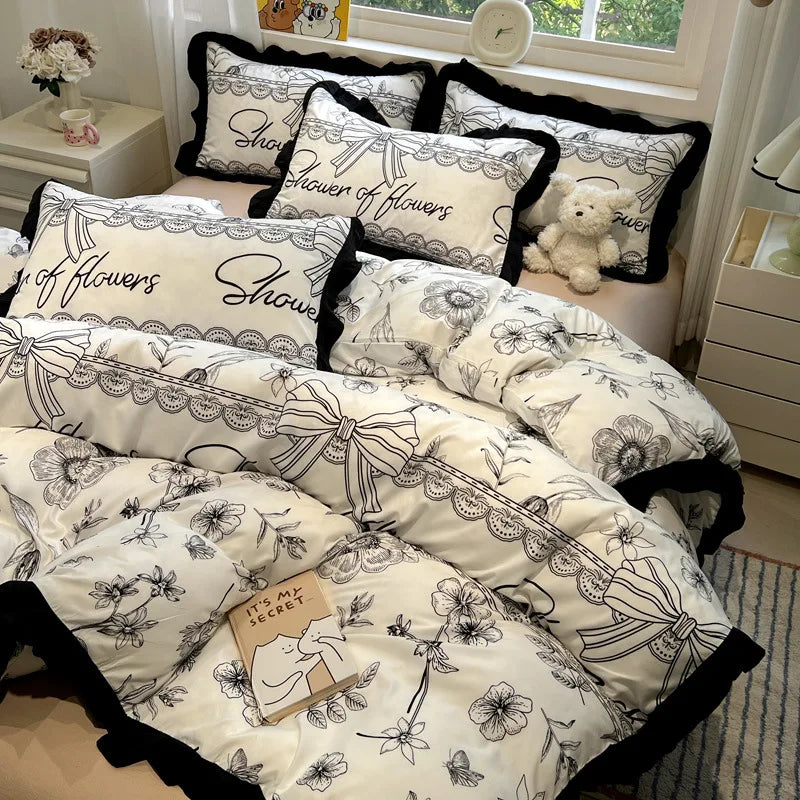 Afralia™ Korean Black White Hepburn Style Bedding Set with Lace Fitted Sheet Set