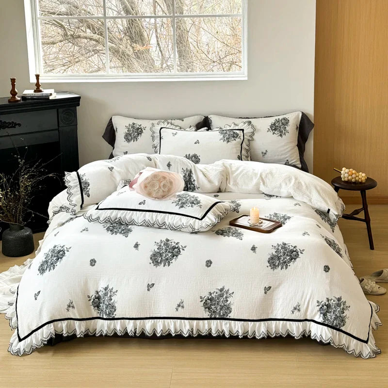 Afralia™ Ruffled Embroidery Cotton Bedding Set: Duvet Cover, Sheet Set, Pillowcase