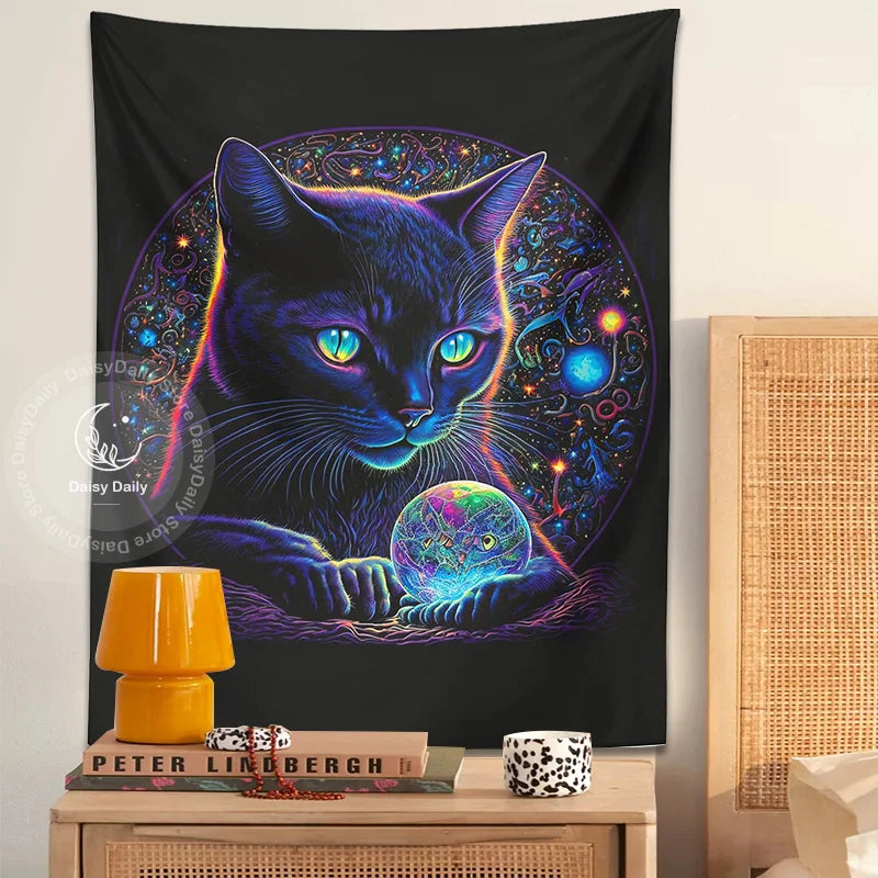 Afralia™ Black Cat Tapestry: Trippy Magic Crystal Ball Wall Art for Boho Home Decor