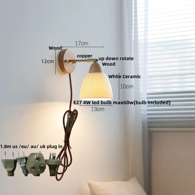 Afralia™ Wood Canopy LED Wall Lights Pull Chain Switch Amber Glass Modern Bedside Sconce