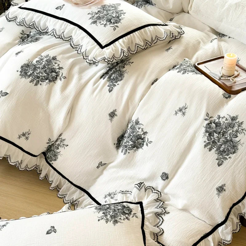Afralia™ Ruffled Embroidery Cotton Bedding Set: Duvet Cover, Sheet Set, Pillowcase
