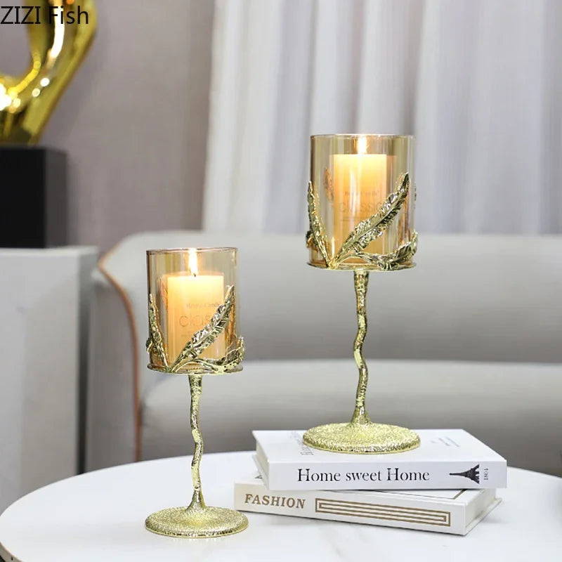 Afralia™ Golden Branches Candle Holders Metal Glass Candlestick Aroma Container