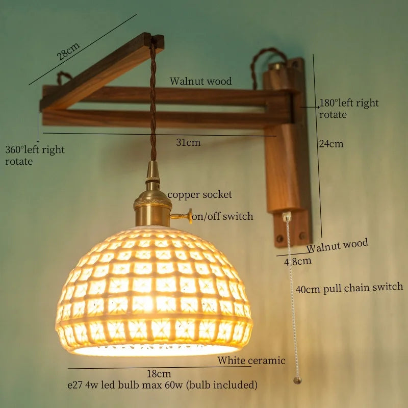 Afralia™ Nordic Ceramic LED Wall Light - Stretchable Folding Walnut Wood Loft Bedside Lamp
