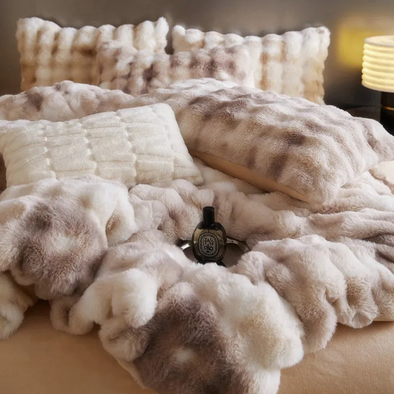 Afralia™ Gradient Blue & Grey Faux Rabbit Fur Bedding Set: Velvet Fleece Duvet, Sheets, Pillowcases