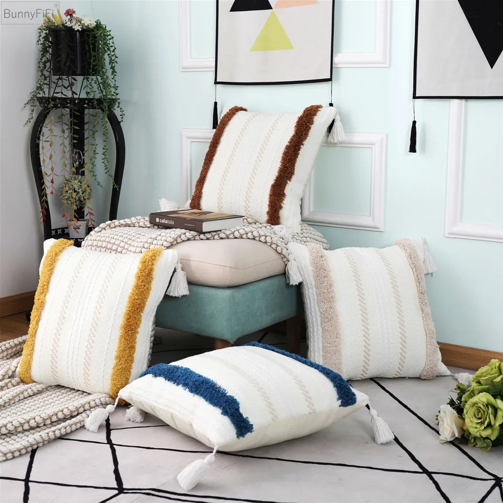 Afralia™ Boho Woven Tassel Tufted Throw Pillow Case for Sofa Bed Chair