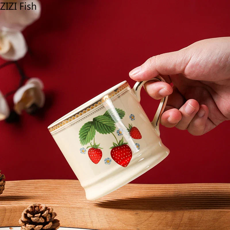 Afralia™ Strawberry Pattern Gilded Edge Porcelain Mug - Tea, Coffee, Juice Cup