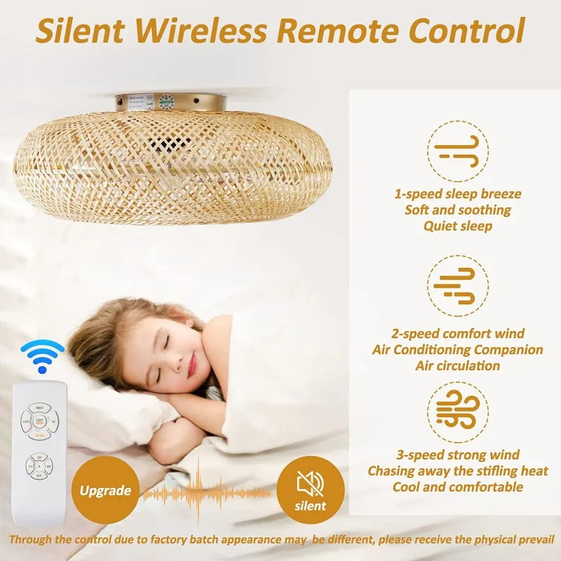 Afralia™ Bamboo Ceiling Fan with Rattan Cage Light & Remote Control
