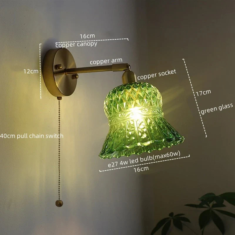 Afralia™ Vintage Copper Glass LED Wall Light with Pull Chain Switch for Dining Room Bedroom