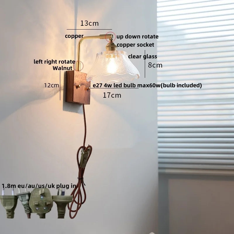 Afralia™ Walnut Glass LED Wall Light: Modern Brass Rotatable Bedside Lamp
