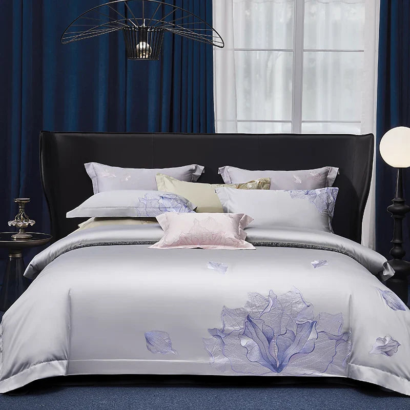 Afralia™ Luxury Flower Embroidery Bedding Set: Soft Egyptian Cotton Duvet Cover, Sheet, Pillowcase (4Pcs)