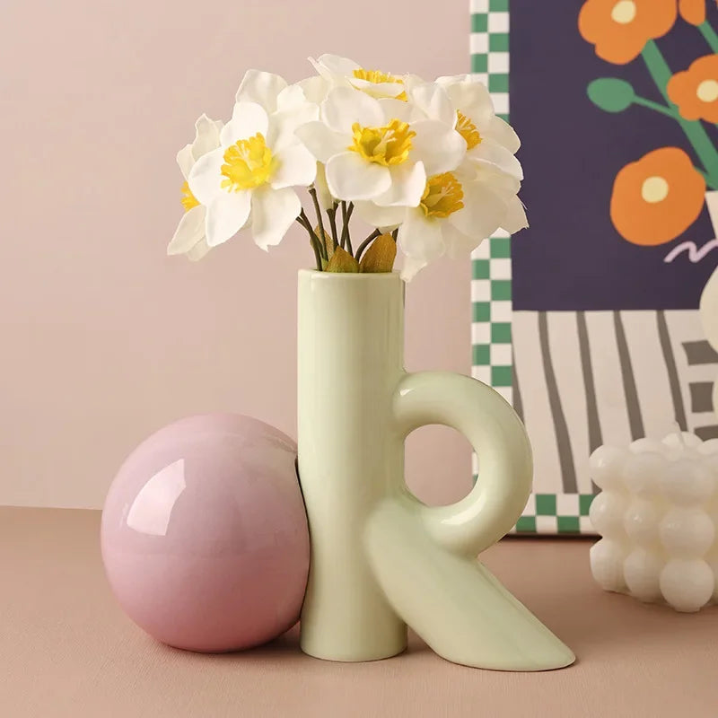 Afralia™ Cartoon Abstract Ceramic Vase with Cut-out Letter Design