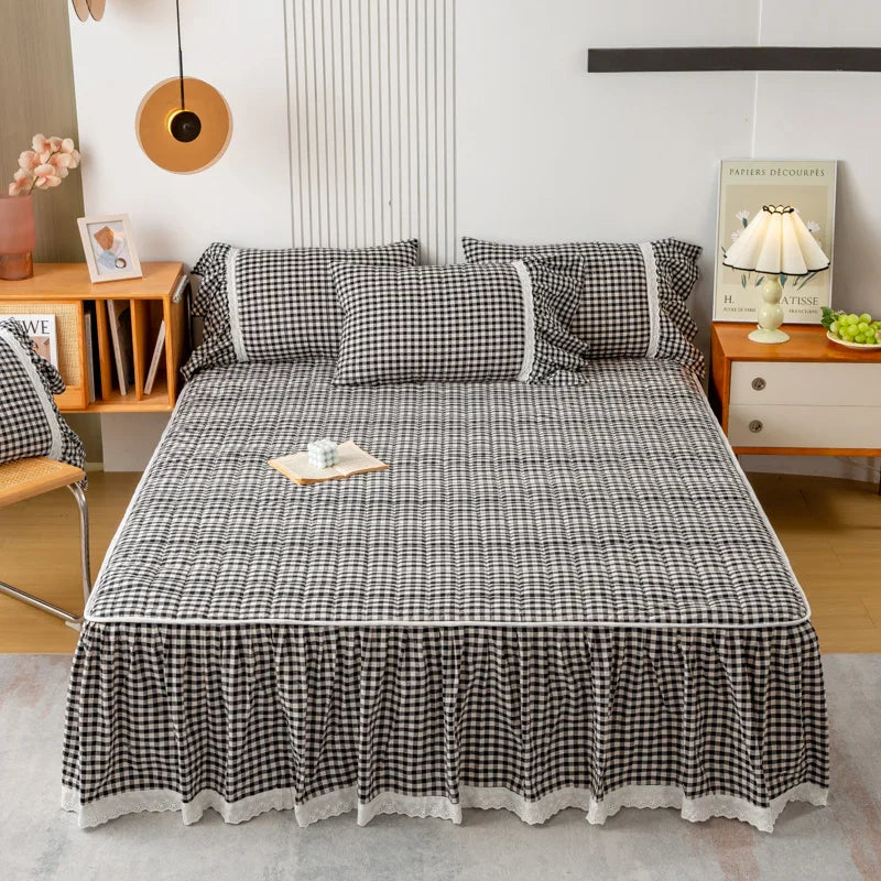 Afralia™ Cotton Plaid Stripe Ruffles Bedding Set with Lace Accents