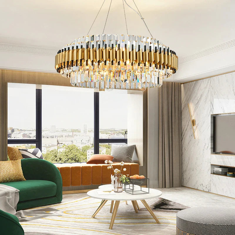 Afralia™ Gold Crystal Chandelier LED Ceiling Pendant Light - Luxurious Living Room Decor