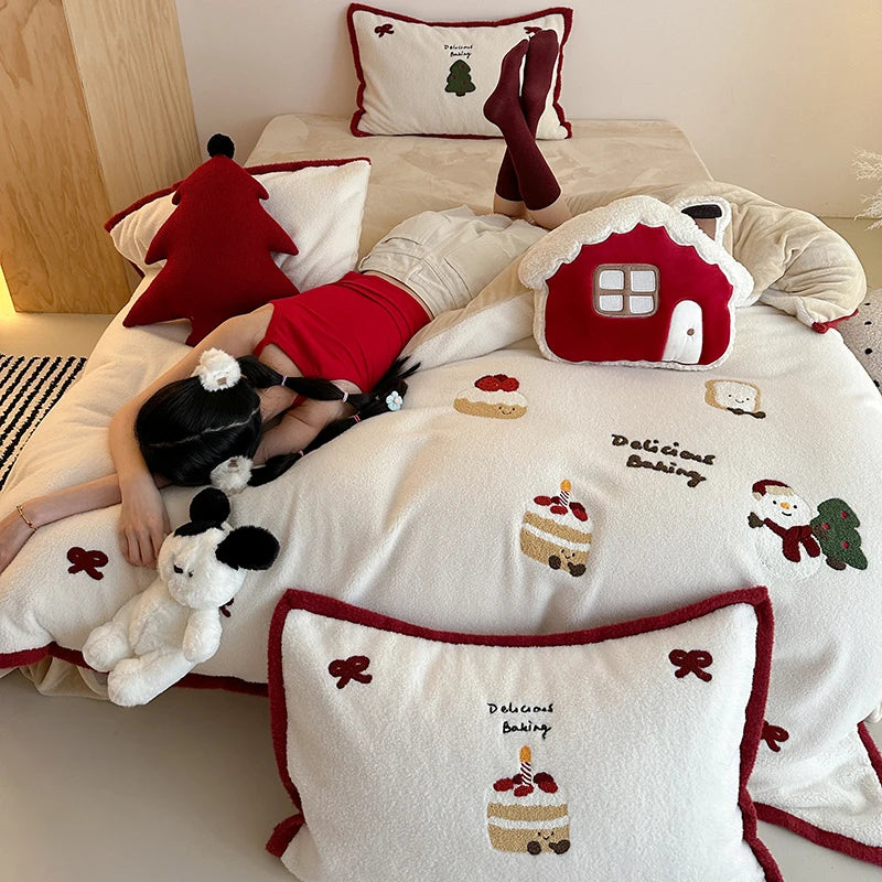 Afralia™ Cartoon Embroidered Cashmere Winter Bedding Set - Queen Size