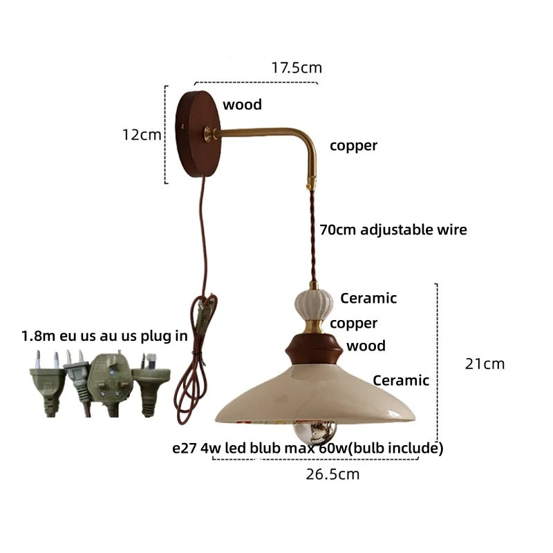 Afralia™ Ceramic LED Wall Light Copper Pull Chain Wood Base Modern Bedside Lamp