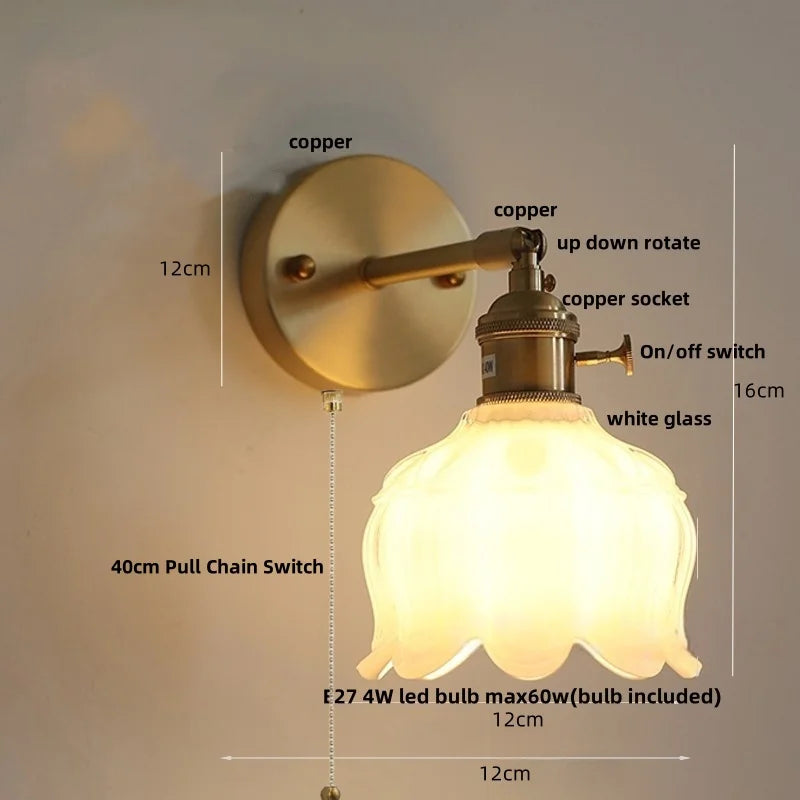 Afralia™ Copper Rotate LED Wall Light with Pull Chain Switch - Modern Glass Bedside Sconce