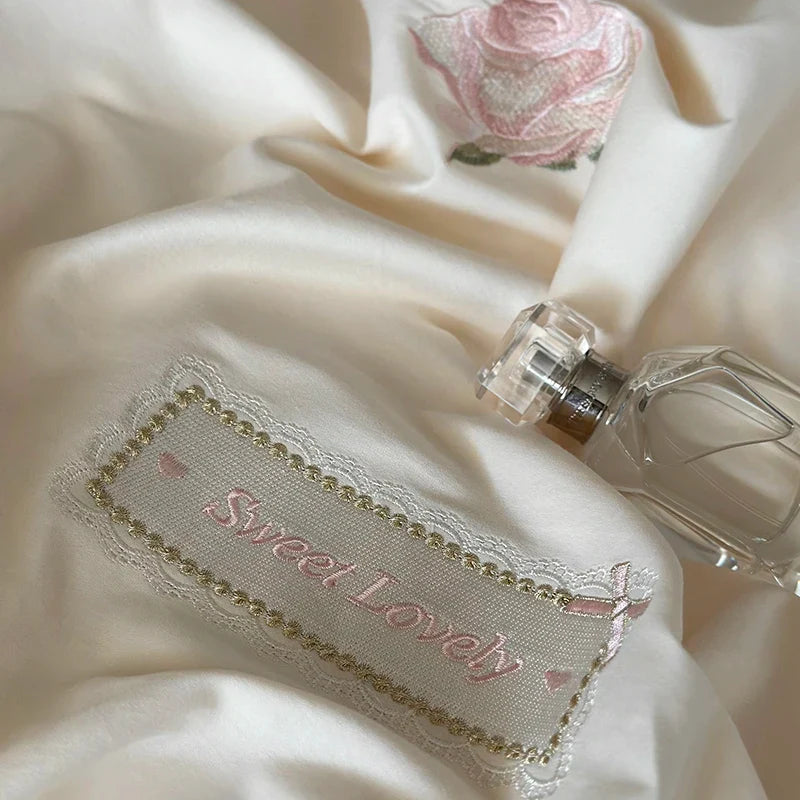 Afralia™ Rose Flowers Embroidery Lace Ruffles Cotton Brushed Bedding Set