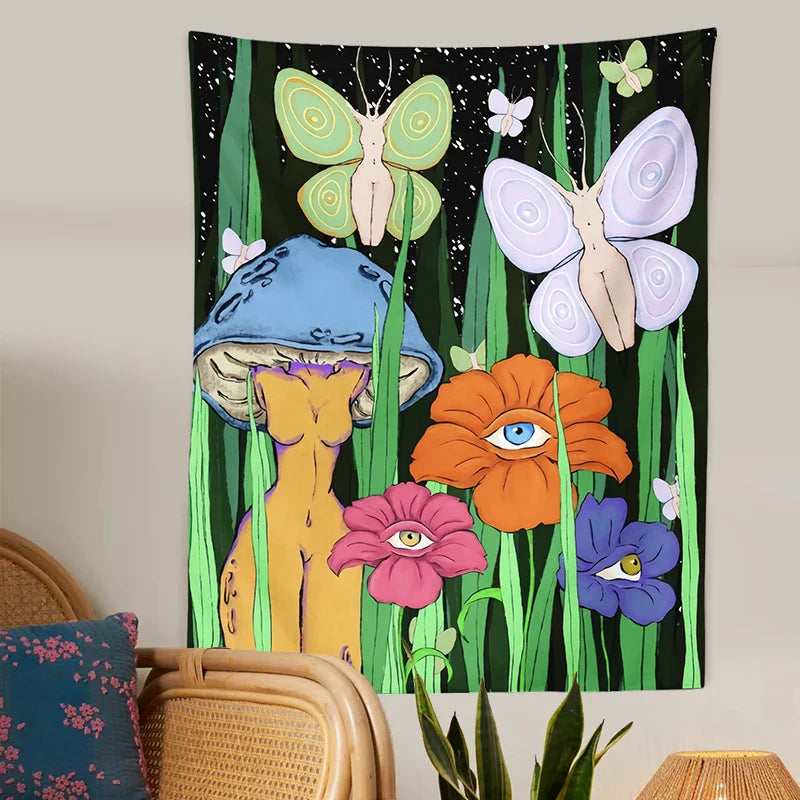 Afralia™ Psychedelic Mushroom Girl Botanical Floral Tapestry Wall Hanging