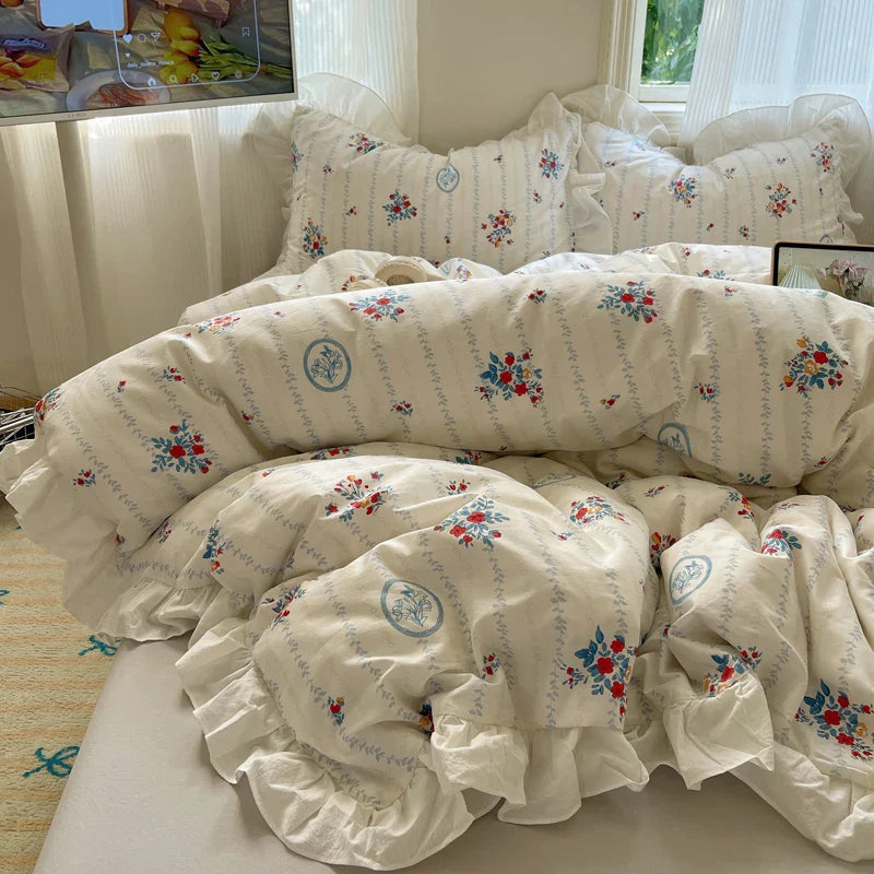 Afralia™ Small Floral Lace Ruffles Princess Bedding Set with Vintage Charm