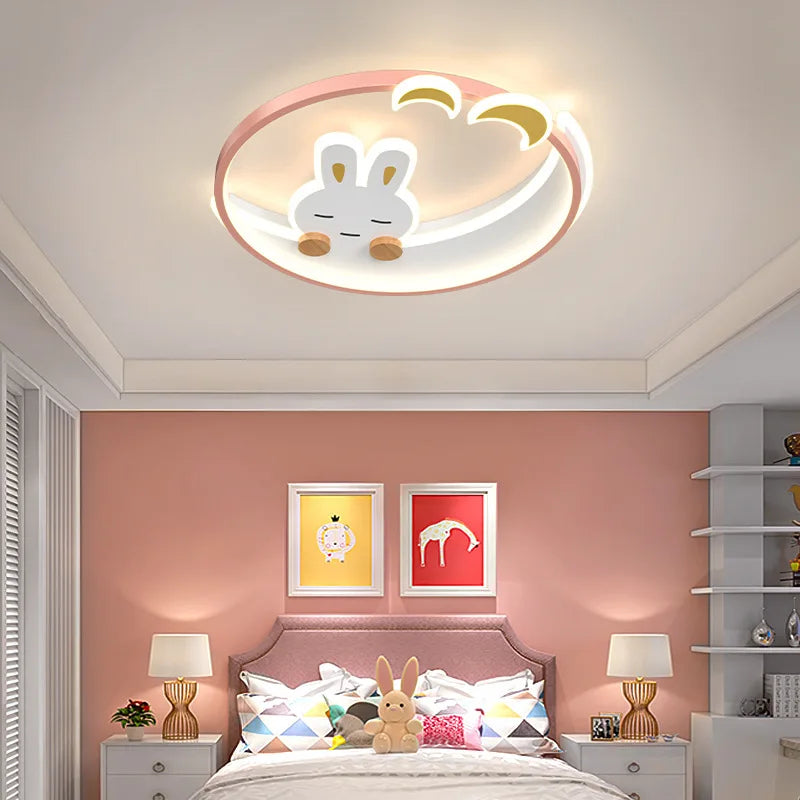 Afralia™ Kids Crescent Moon Rabbit Ceiling Chandelier LED Bedroom Light