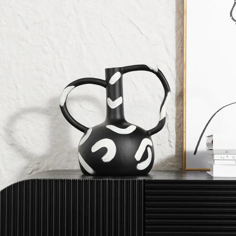 Afralia™ Geometric Striped Vase with Abstract Handle for Home Decoration