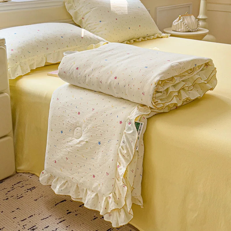 Afralia™ Korean Cotton Patchwork Quilt with Lace and Ruffle for Summer