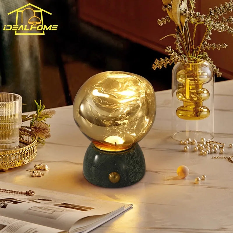 Afralia™ Glass Marble Table Lamp Touch Switch USB Charging Desk Light