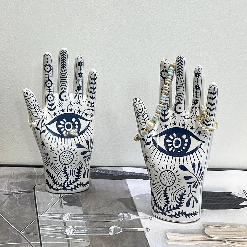 Afralia™ Ceramic Witch Palmistry Hand Jewelry Holder Stand Mystic Fortune Teller Figurine