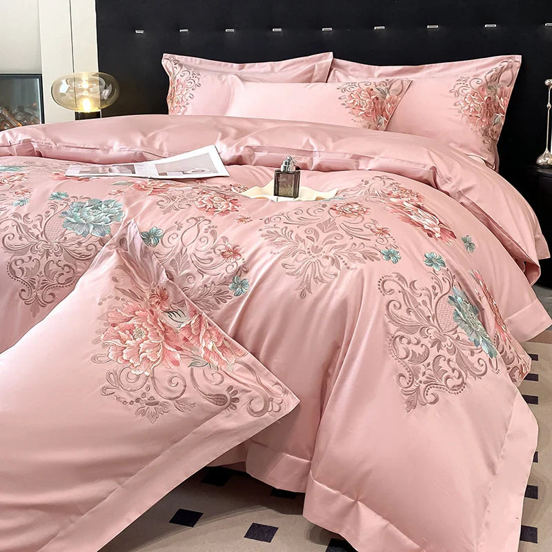 Afralia™ Luxury Flowers Embroidery Cotton Bedding Set - Queen King Size