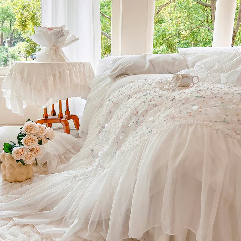 Afralia™ Floral Lace Ruffles Bedding Set: Duvet, Bedskirt, Bedspread, Sheet, Pillowcases
