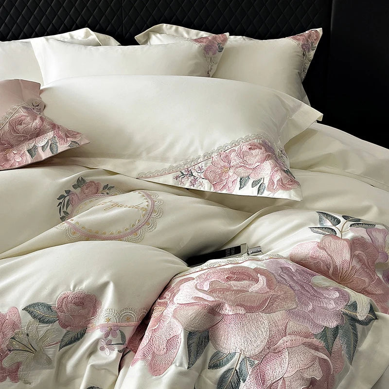 Afralia™ French Flowers Embroidery Luxury Bedding Set in 1000TC Egyptian Cotton
