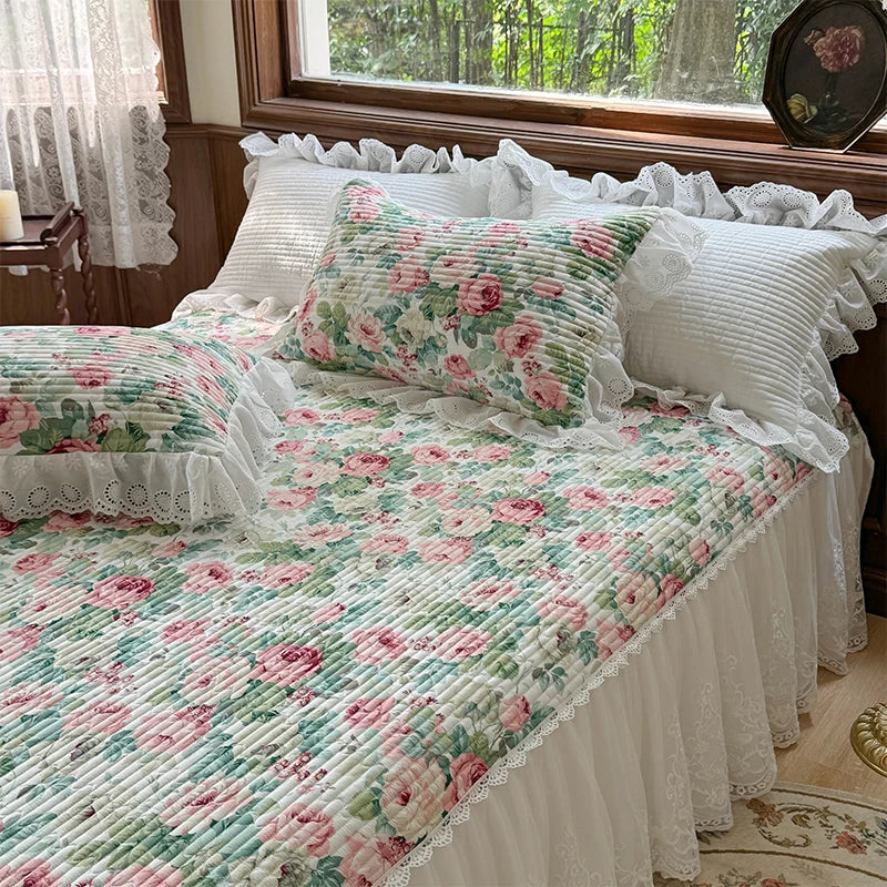 Afralia™ Lace Ruffles Bed Skirt Set with Pillowcases for 1.2-2M Beds