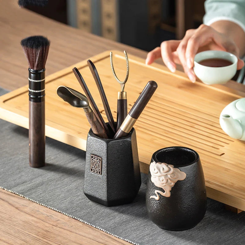 Afralia™ Six Gentlemen Tea Ceremony Set: Wooden & Ceramic Kung Fu Tea Making Tools