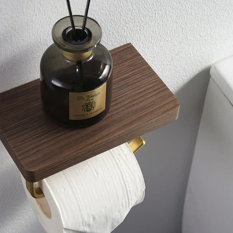 Afralia™ Brass & Wood Wall-mounted Toilet Paper Holder & Tissue Box Rack