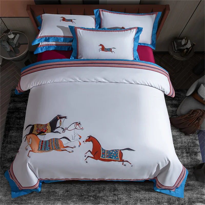 Afralia™ Galloping Horse 1000TC Egyptian Cotton Bedding Set: Duvet, Sheet, Pillowcases - Soft & Comfy
