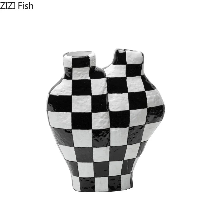 Afralia™ Black White Check Vase Modern Crafts Room Decor Irregular Shaped Desk Decoration