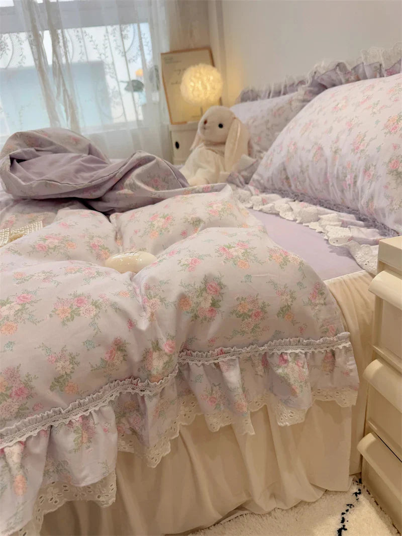 Afralia™ Princess Style Lace Ruffles Bedding Set - 100% Cotton, 3/4Pcs, Korean Design