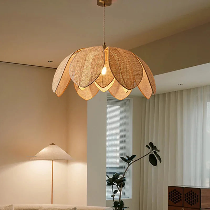 Afralia™ Handmade Rattan Petal Pendant Light with Chinese Style Design for Living & Dining Rooms