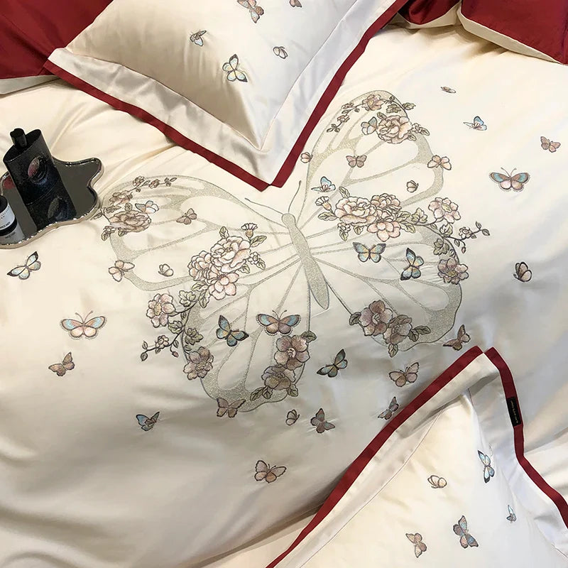 Afralia™ Butterfly Flowers Embroidery Wedding Bedding Set 1000TC Egyptian Cotton Duvet Cover