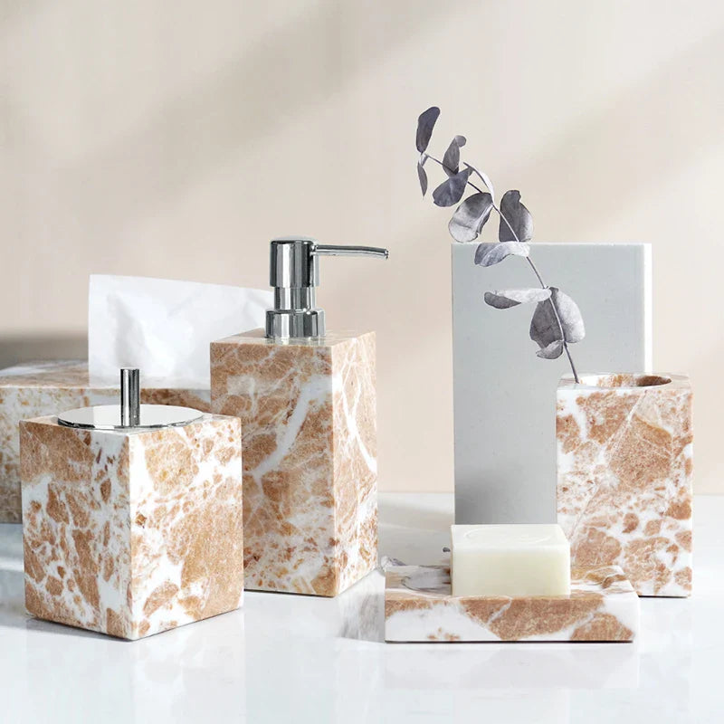 Afralia™ Coral Pink Marble Bathroom Accessories Set: Dispenser, Dish, Holder, Tissue Box, Tray