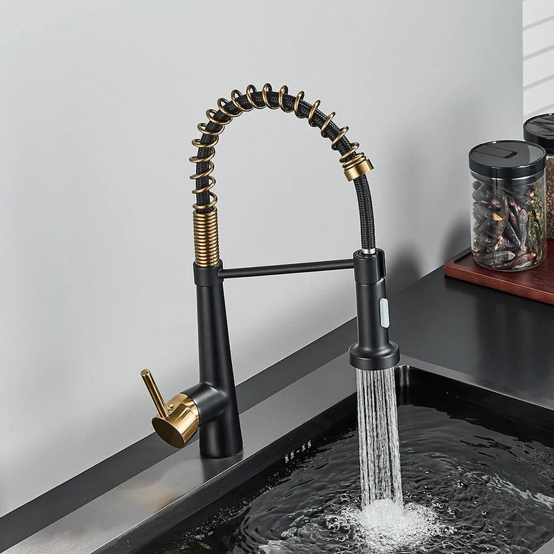 Afralia™ Black Gold Kitchen Faucet with Pull Down Sprayer